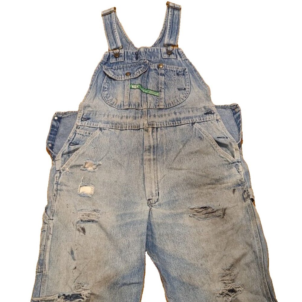 Vtg Key Imperial Bib Denim Blue Overalls Distressed Trashed Workwear 38 x 28